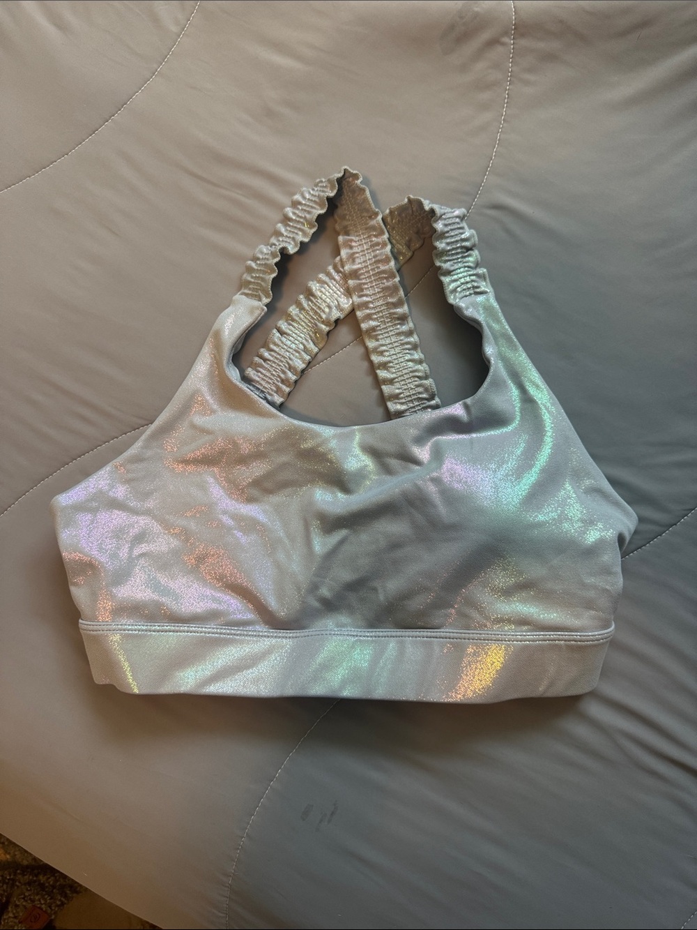 ZYIA Iridescent White Sports Bralette with Ruched Straps doesn’t have pads
